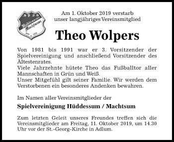 Traueranzeige von Theo Wolpers von Hildesheimer Allgemeine Zeitung