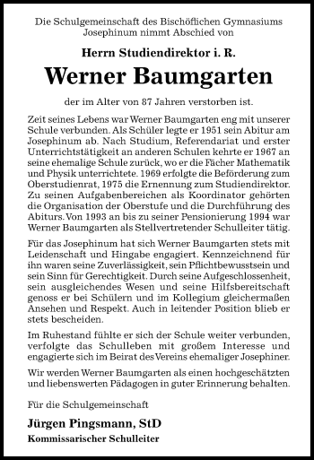 Traueranzeige von Werner Baumgarten von Hildesheimer Allgemeine Zeitung