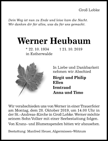 Traueranzeige von Werner Heubaum von Hildesheimer Allgemeine Zeitung