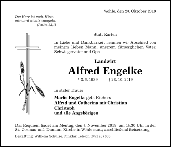 Traueranzeige von Alfred Engelke von Hildesheimer Allgemeine Zeitung