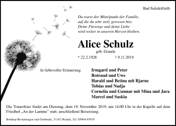 Traueranzeige von Alice Schulz von Hildesheimer Allgemeine Zeitung