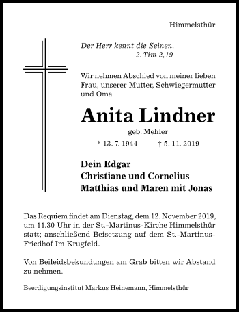 Traueranzeige von Anita Lindner von Hildesheimer Allgemeine Zeitung