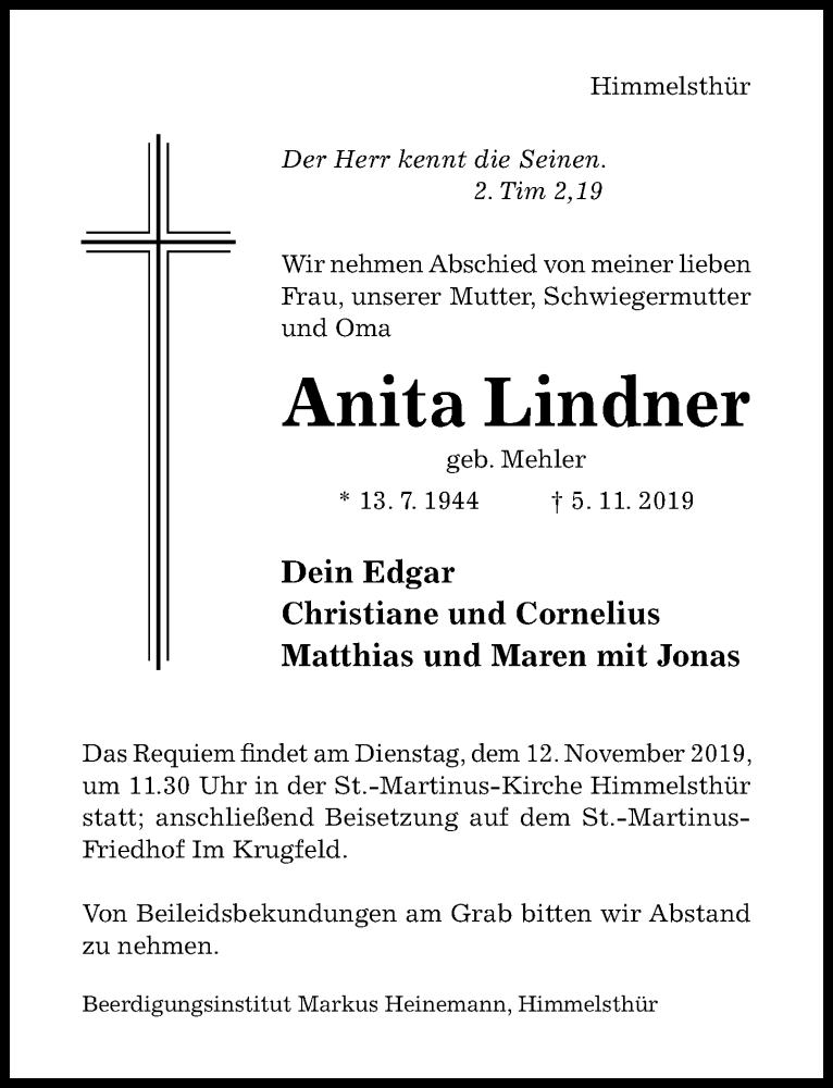  Traueranzeige für Anita Lindner vom 08.11.2019 aus Hildesheimer Allgemeine Zeitung
