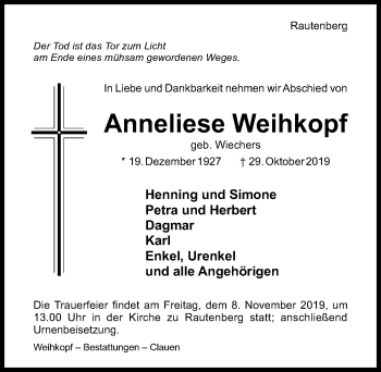 Traueranzeige von Anneliese Weihkopf von Hildesheimer Allgemeine Zeitung