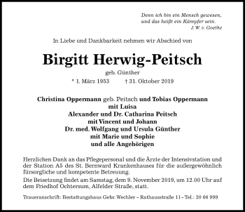 Traueranzeige von Birgitt Herwig-Peitsch von Hildesheimer Allgemeine Zeitung