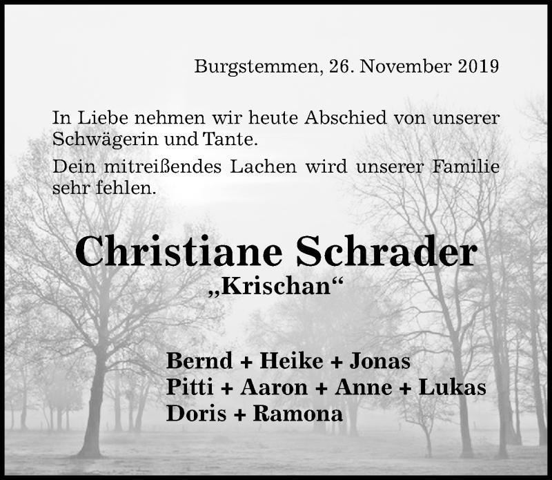  Traueranzeige für Christiane Schrader vom 26.11.2019 aus Hildesheimer Allgemeine Zeitung