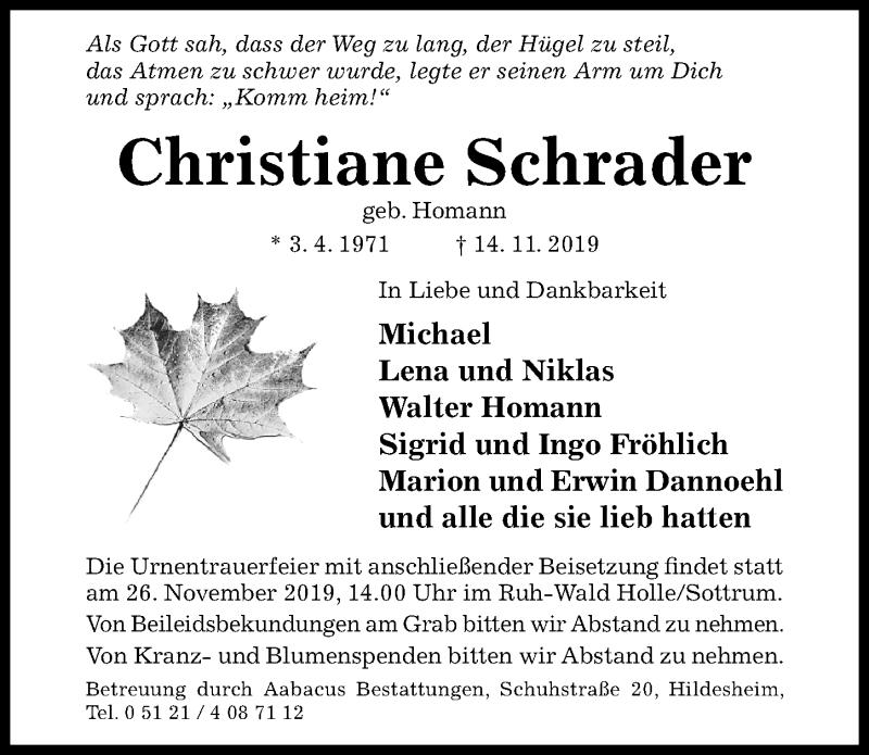  Traueranzeige für Christiane Schrader vom 19.11.2019 aus Hildesheimer Allgemeine Zeitung
