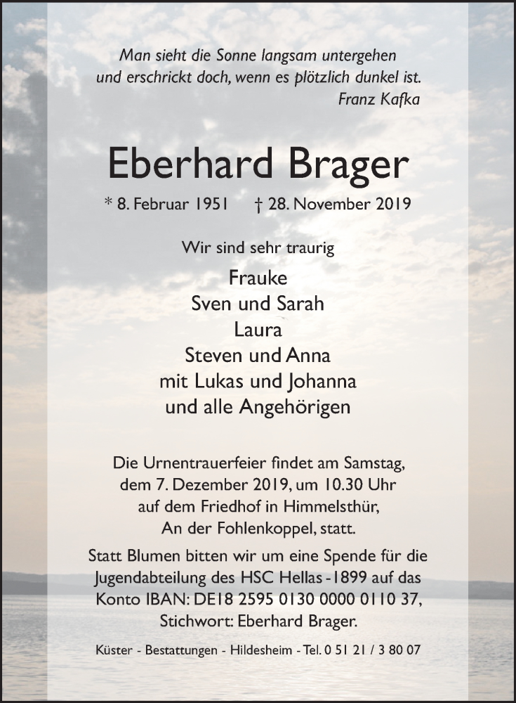  Traueranzeige für Eberhard Brager vom 30.11.2019 aus Hildesheimer Allgemeine Zeitung