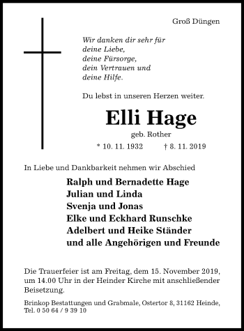 Traueranzeige von Elli Hage von Hildesheimer Allgemeine Zeitung