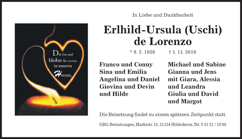  Traueranzeige für Erlhild-Ursula de Lorenzo vom 07.11.2019 aus Hildesheimer Allgemeine Zeitung