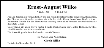 Traueranzeige von Ernst-August Wilke von Hildesheimer Allgemeine Zeitung