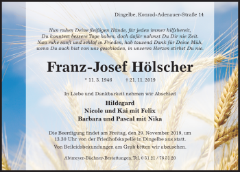 Traueranzeige von Franz-Josef Hölscher von Hildesheimer Allgemeine Zeitung