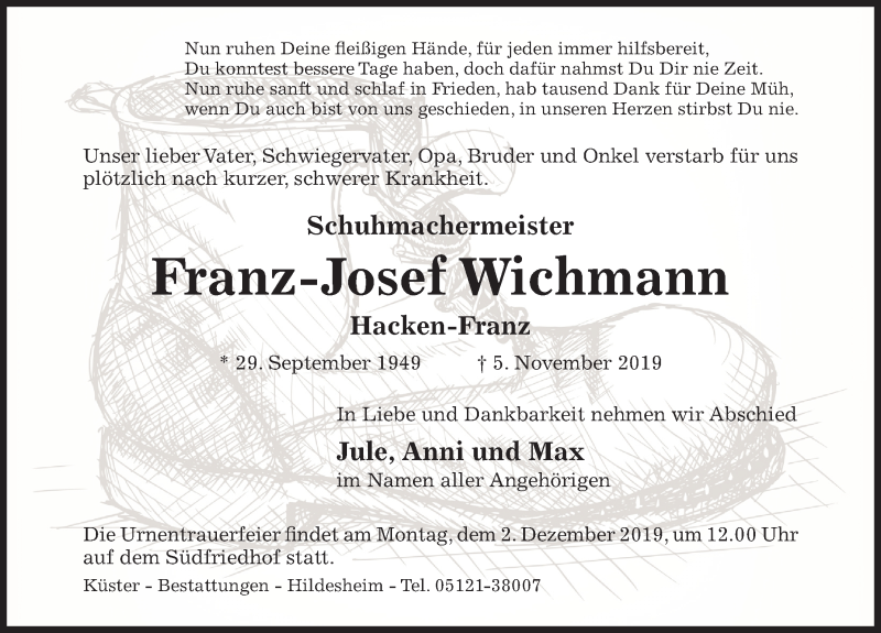  Traueranzeige für Franz-Josef Wichmann vom 09.11.2019 aus Hildesheimer Allgemeine Zeitung