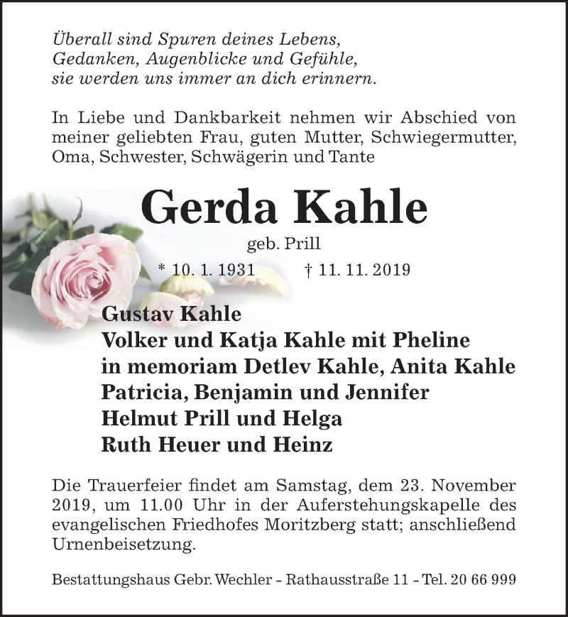  Traueranzeige für Gerda Kahle vom 14.11.2019 aus Hildesheimer Allgemeine Zeitung