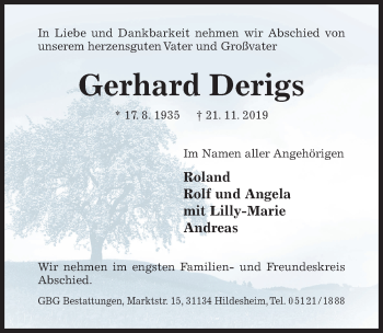 Traueranzeige von Gerhard Derigs von Hildesheimer Allgemeine Zeitung