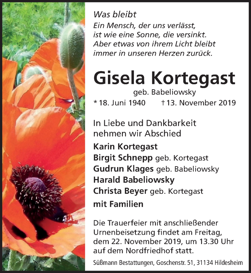  Traueranzeige für Gisela Kortegast vom 20.11.2019 aus Hildesheimer Allgemeine Zeitung