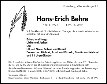 Traueranzeige von Hans-Erich Behre von Hildesheimer Allgemeine Zeitung