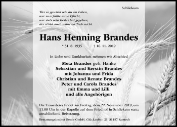 Traueranzeige von Hans Henning Brandes von Hildesheimer Allgemeine Zeitung