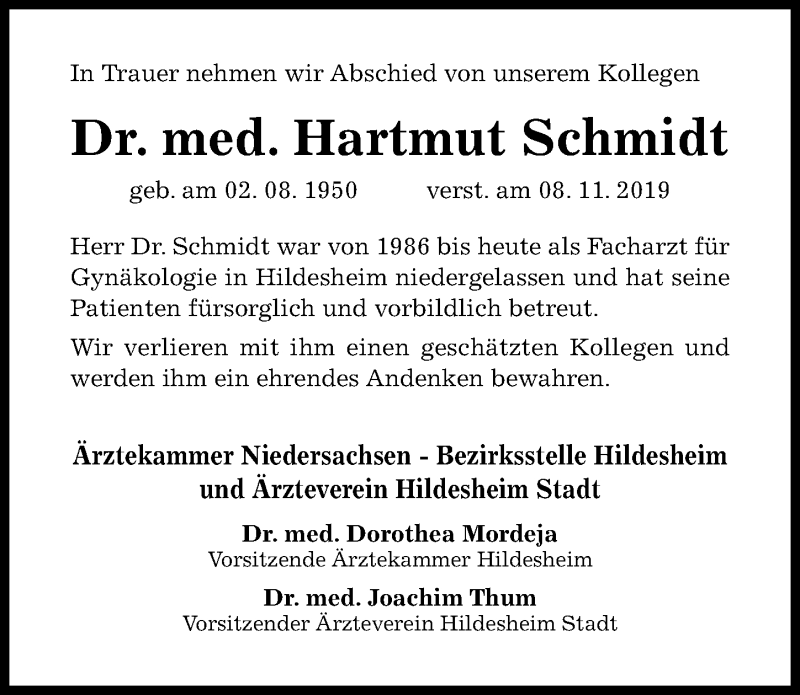  Traueranzeige für Hartmut Schmidt vom 16.11.2019 aus Hildesheimer Allgemeine Zeitung