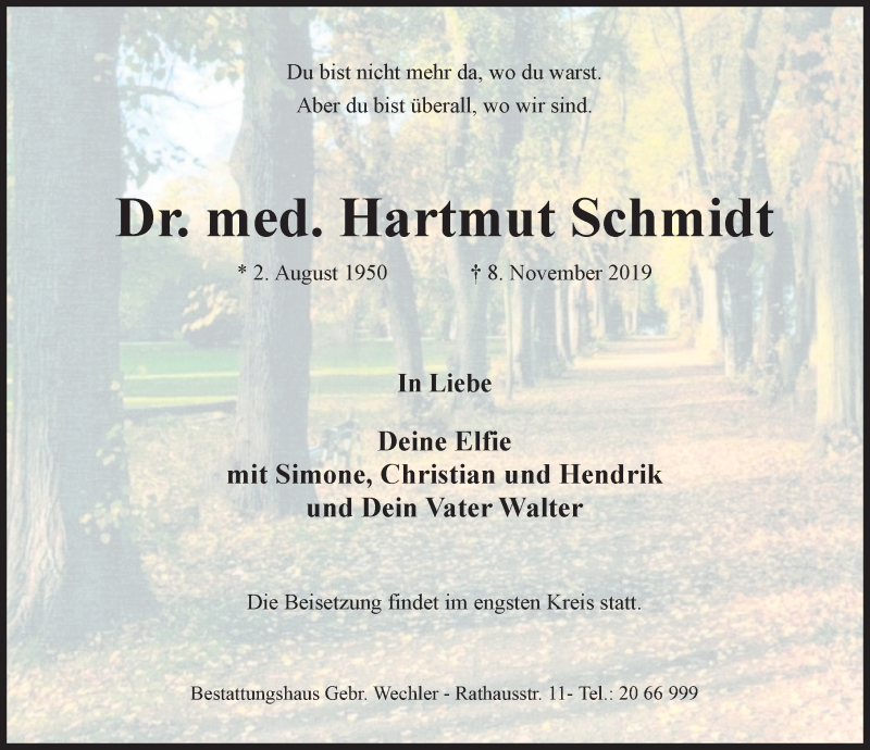  Traueranzeige für Hartmut Schmidt vom 13.11.2019 aus Hildesheimer Allgemeine Zeitung