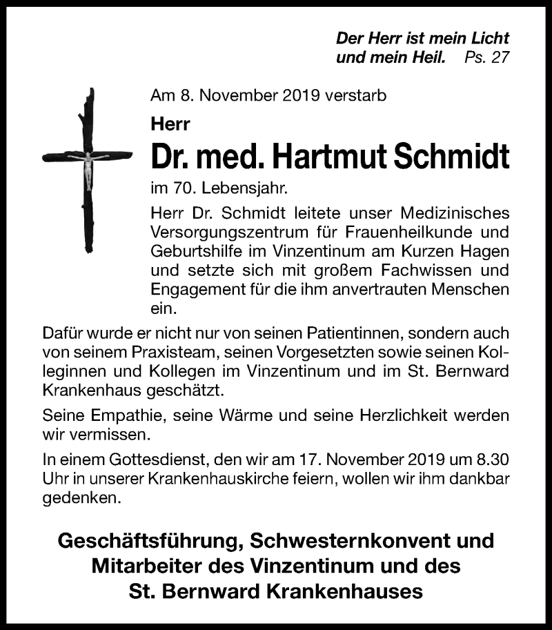  Traueranzeige für Hartmut Schmidt vom 14.11.2019 aus Hildesheimer Allgemeine Zeitung