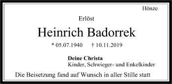 Traueranzeige von Heinrich Badorrek von Hildesheimer Allgemeine Zeitung