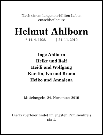 Traueranzeige von Helmut Ahlborn von Hildesheimer Allgemeine Zeitung