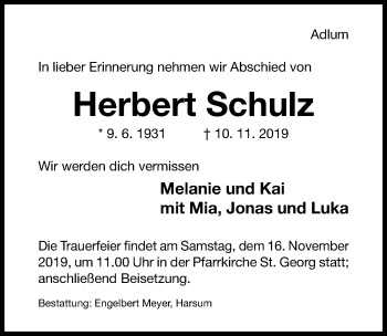 Traueranzeige von Herbert Schulz von Hildesheimer Allgemeine Zeitung