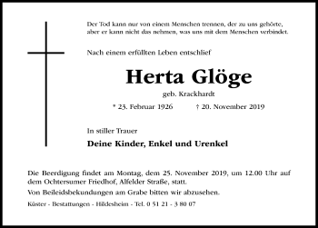 Traueranzeige von Herta Glöge von Hildesheimer Allgemeine Zeitung