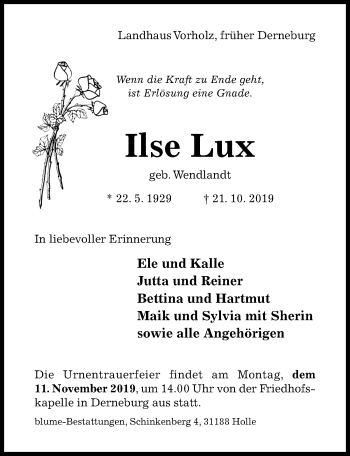 Traueranzeige von Ilse Lux von Hildesheimer Allgemeine Zeitung