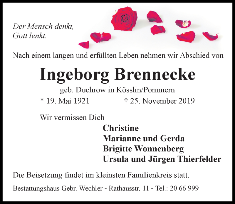  Traueranzeige für Ingeborg Brennecke vom 28.11.2019 aus Hildesheimer Allgemeine Zeitung