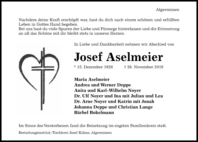  Traueranzeige für Josef Aselmeier vom 30.11.2019 aus Hildesheimer Allgemeine Zeitung