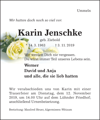 Traueranzeige von Karin Jenschke von Hildesheimer Allgemeine Zeitung