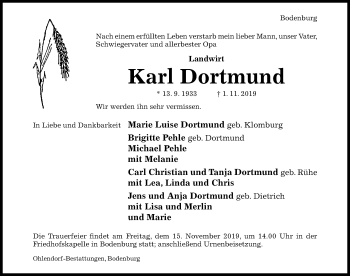 Traueranzeige von Karl Dortmund von Hildesheimer Allgemeine Zeitung