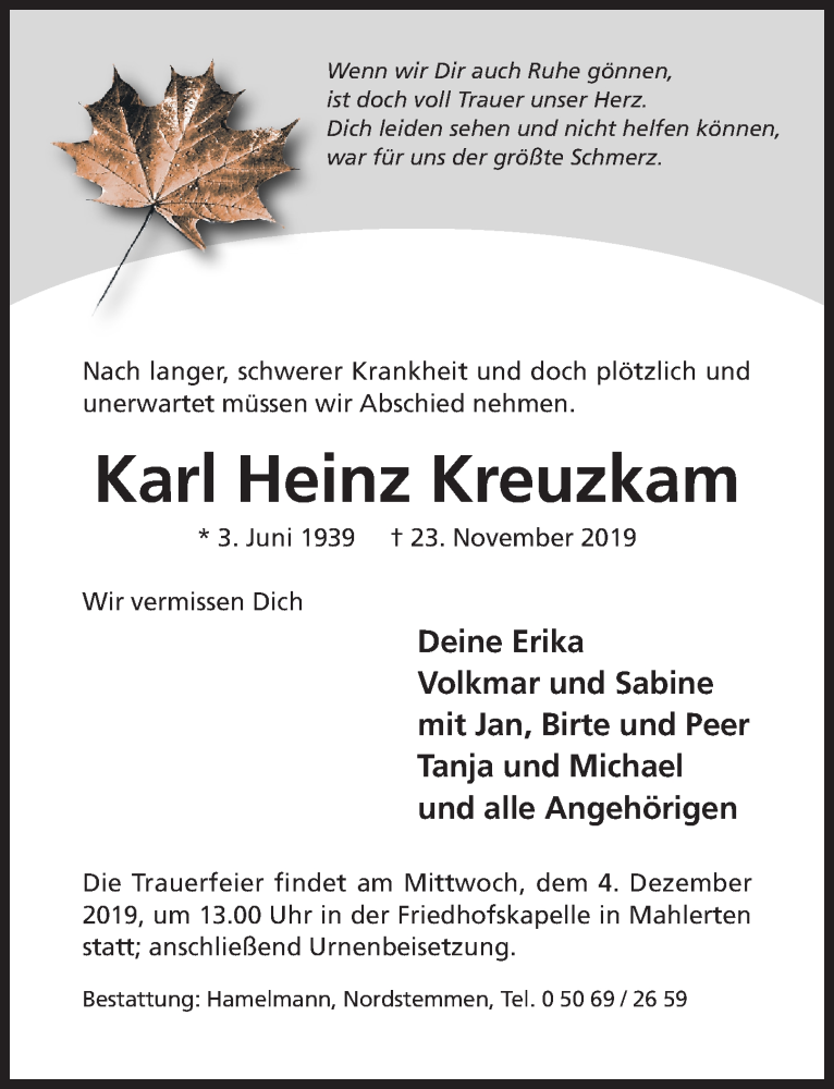  Traueranzeige für Karl Heinz Kreuzkam vom 30.11.2019 aus Hildesheimer Allgemeine Zeitung