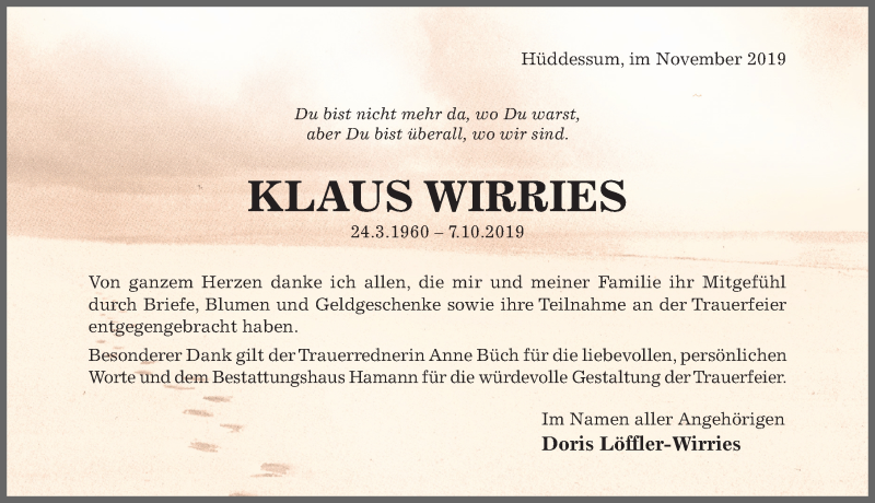  Traueranzeige für Klaus Wirries vom 05.11.2019 aus Hildesheimer Allgemeine Zeitung