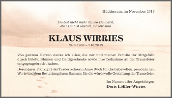 Traueranzeige von Klaus Wirries von Hildesheimer Allgemeine Zeitung