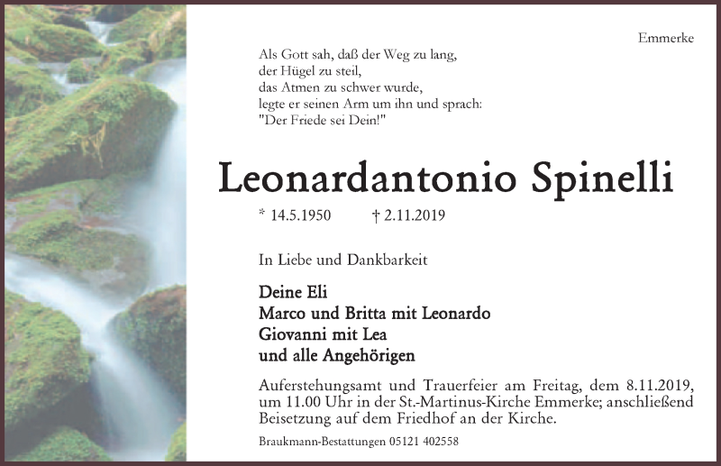  Traueranzeige für Leonardantonio Spinelli vom 06.11.2019 aus Hildesheimer Allgemeine Zeitung