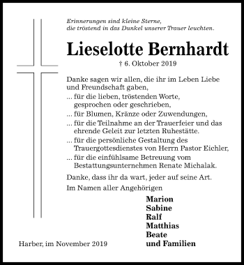 Traueranzeige von Lieselotte Bernhardt von Hildesheimer Allgemeine Zeitung