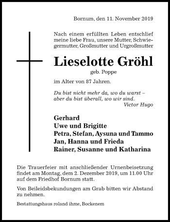 Traueranzeige von Lieselotte Gröhl von Hildesheimer Allgemeine Zeitung