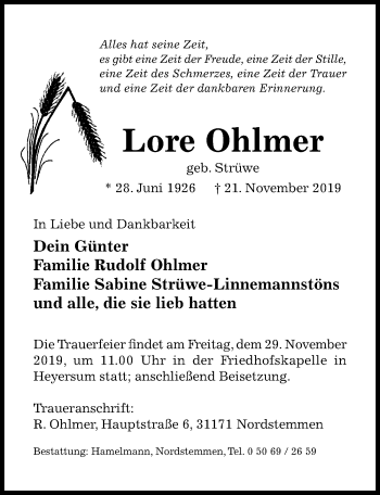 Traueranzeige von Lore Ohlmer von Hildesheimer Allgemeine Zeitung