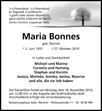 Traueranzeige von Maria Bonnes von Hildesheimer Allgemeine Zeitung