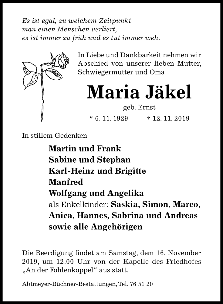  Traueranzeige für Maria Jäkel vom 13.11.2019 aus Hildesheimer Allgemeine Zeitung