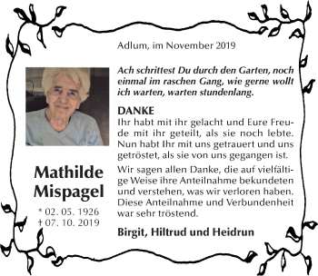 Traueranzeige von Mathilde Mispagel von Hildesheimer Allgemeine Zeitung