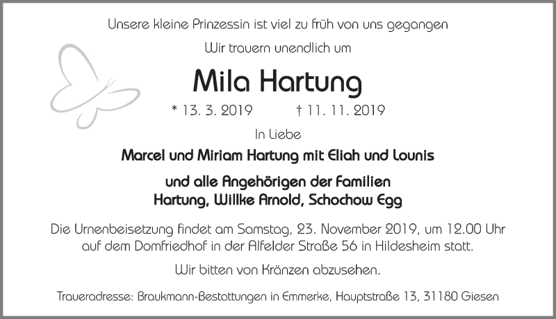  Traueranzeige für Mila Hartung vom 20.11.2019 aus Hildesheimer Allgemeine Zeitung