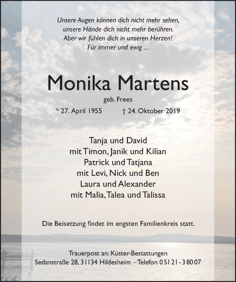  Traueranzeige für Monika Martens vom 02.11.2019 aus Hildesheimer Allgemeine Zeitung