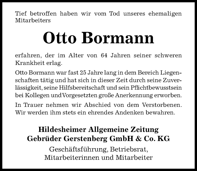  Traueranzeige für Otto Bormann vom 12.11.2019 aus Hildesheimer Allgemeine Zeitung