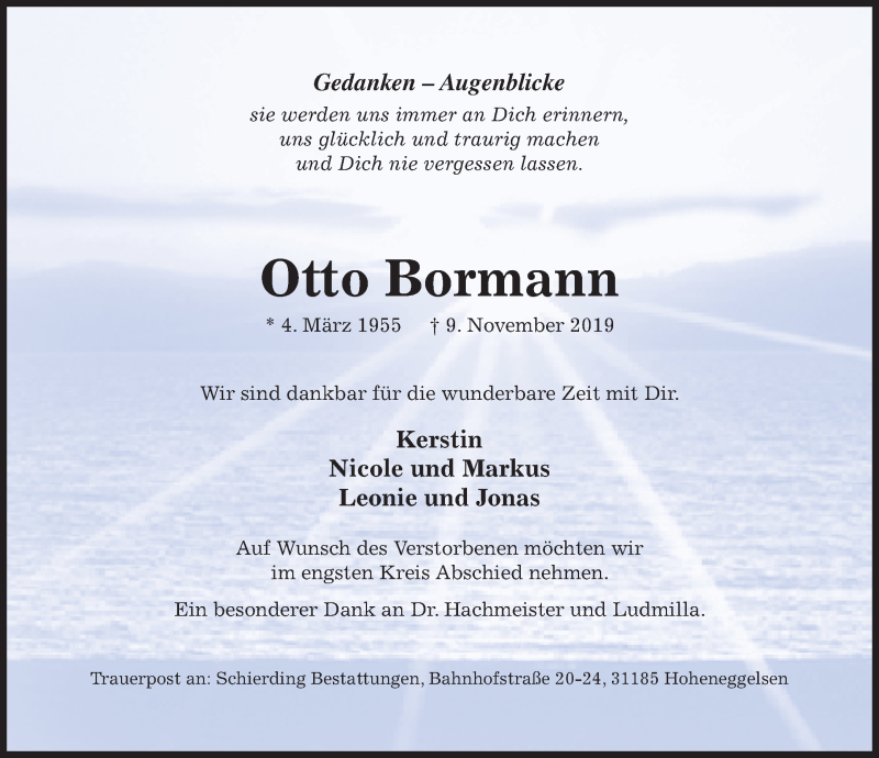  Traueranzeige für Otto Bormann vom 12.11.2019 aus Hildesheimer Allgemeine Zeitung