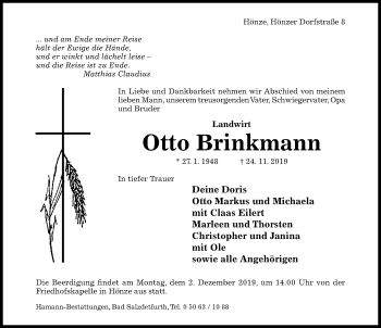 Traueranzeige von Otto Brinkmann von Hildesheimer Allgemeine Zeitung