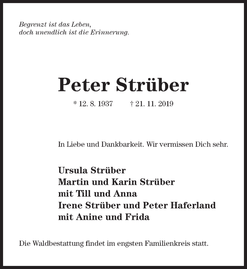  Traueranzeige für Peter Strüber vom 30.11.2019 aus Hildesheimer Allgemeine Zeitung